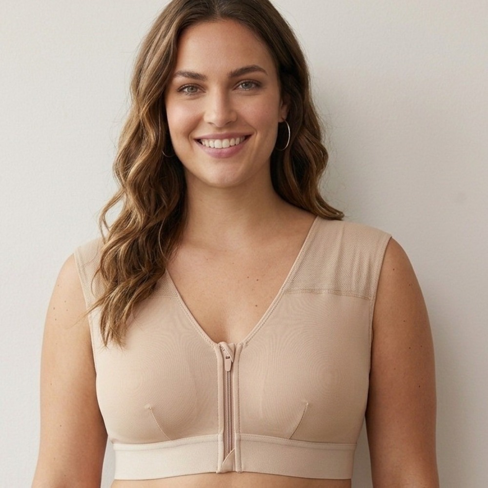 Tommie Copper Shoulder Support Bra Front Zip Nude Beige Large Gym Wear